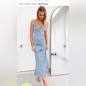 Blue Satin Full Length V-neck Dress